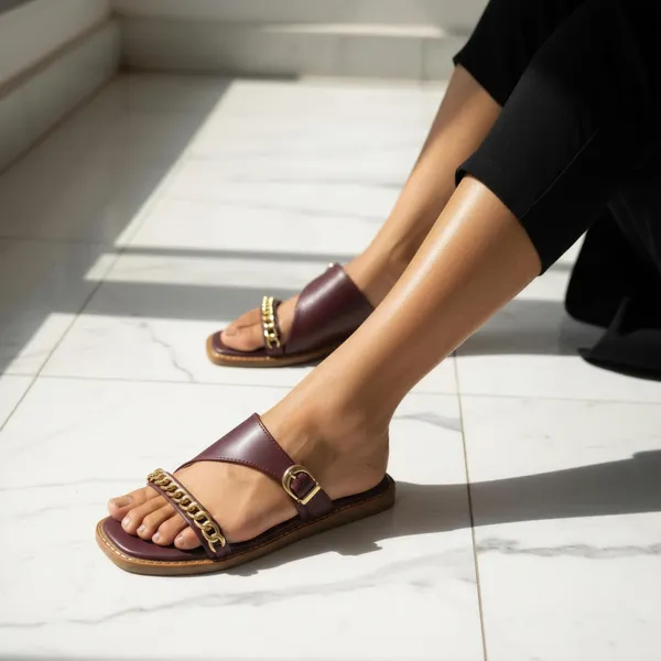 Women’s_Maroon_Chain_Strap_Flats_|_Elegant_Slip-On_Sandals_with_Gold_Chain_Detail