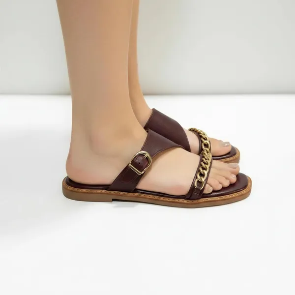 Women’s_Maroon_Chain_Strap_Flats_|_Elegant_Slip-On_Sandals_with_Gold_Chain_Detail
