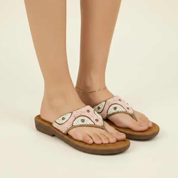 Women’s_Pink_&_Ivory_Beaded_Embellished_Flat_Sandals_–_Tan_Comfort_Sole