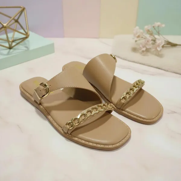 Women’s_Taupe_Chain_Strap_Flats_|_Elegant_Slip-On_Sandals_with_Gold_Chain_Detail
