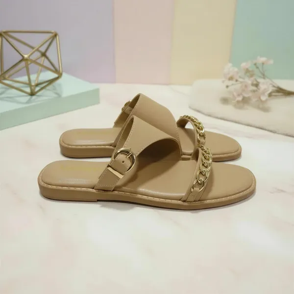 Women’s_Taupe_Chain_Strap_Flats_|_Elegant_Slip-On_Sandals_with_Gold_Chain_Detail