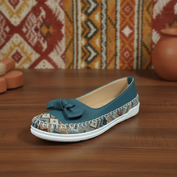 Women’s_Teal_Bow_Comfort_Flats_–_Ethnic_Weave_Casual_Slip-On_Shoes_with_Cushioned_Insole_&_Lightweight_Sole
