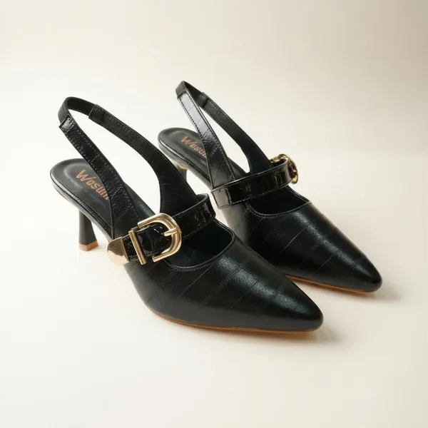 Wosum_Black_Slingback_Heels_for_Women_|_Pointed_Toe_Gold_Buckle_Heels