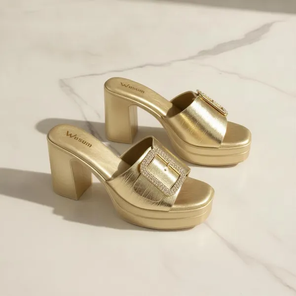 Wosum_Gold_Buckle_Platform_Heels_for_Women_|_Comfortable_Party_Wear_Block_Heels
