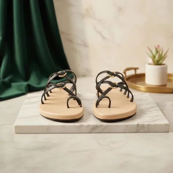 Wosum_Riviera_Noir_Luxe_Strappy_Flat_Sandals_for_Women_|_Black_Minimalist_Toe_Ring_Gladiator_Slides