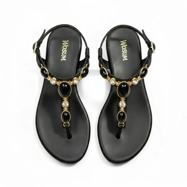 Wosum_Women's_Black_Crystal_Embellished_T-Strap_Flat_Sandals_|_Premium_Comfort_Party_&_Ethnic_Wear