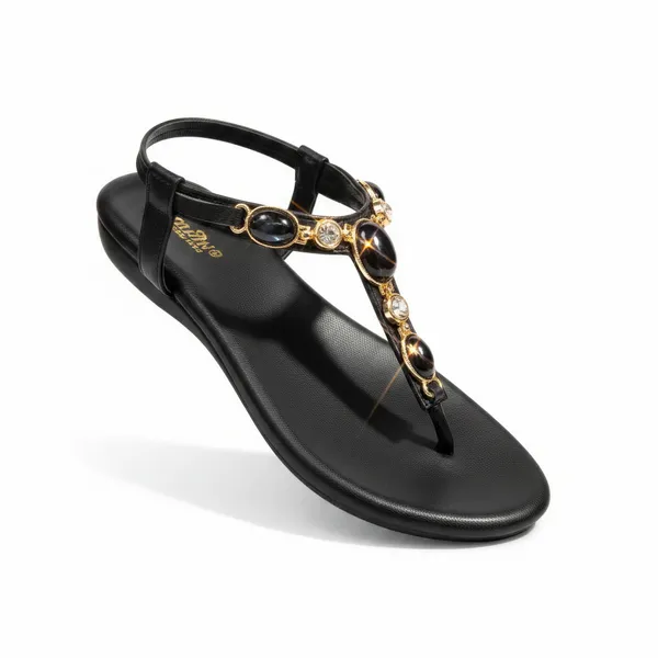 Wosum_Women's_Black_Crystal_Embellished_T-Strap_Flat_Sandals_|_Premium_Comfort_Party_&_Ethnic_Wear