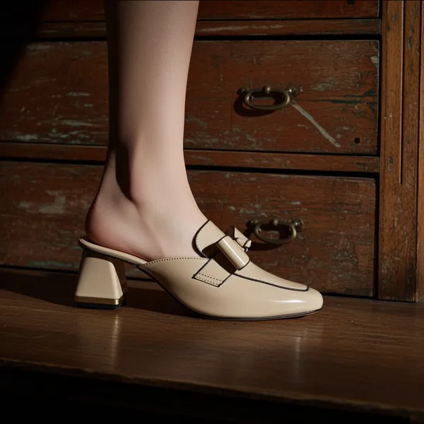 Beige_Womens_Elegant_Patent_Finish_Block_Heel_Mules_With_Bow_Details