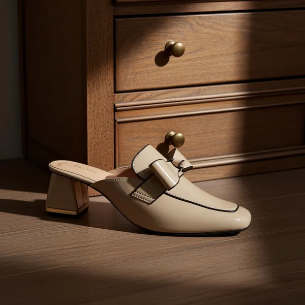 Beige_Womens_Elegant_Patent_Finish_Block_Heel_Mules_With_Bow_Details