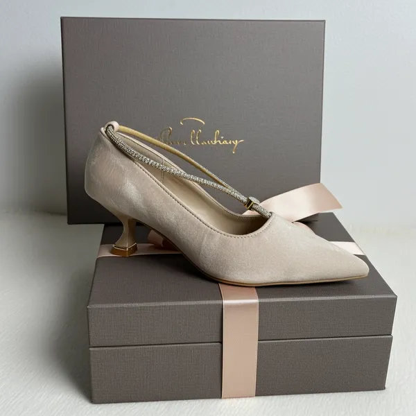 CREAM_Kitten_Heel_With_Rhinestone_Strap_For_Women_&_Girls