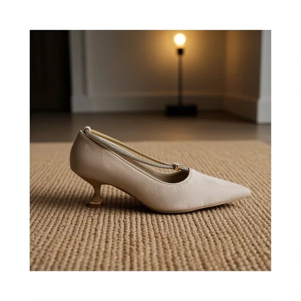 CREAM_Kitten_Heel_With_Rhinestone_Strap_For_Women_&_Girls