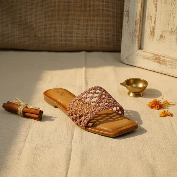 Women’s_Peach_Woven_Slide_Sandals_–_Handwoven_Strap_Minimal_Flats_with_Cushioned_Footbed_&_Square_Toe_Design