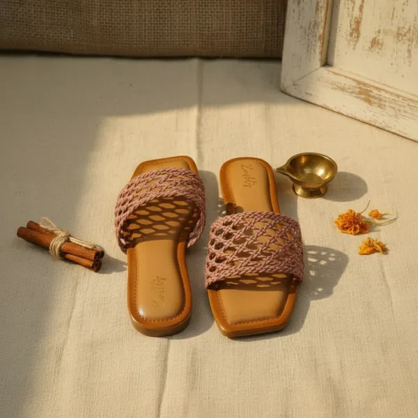 Women’s_Peach_Woven_Slide_Sandals_–_Handwoven_Strap_Minimal_Flats_with_Cushioned_Footbed_&_Square_Toe_Design