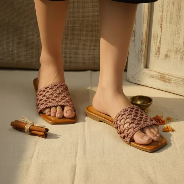 Women’s_Peach_Woven_Slide_Sandals_–_Handwoven_Strap_Minimal_Flats_with_Cushioned_Footbed_&_Square_Toe_Design