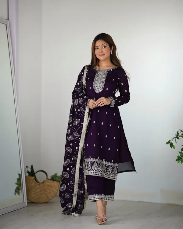 Purple_Pure_Blooming_Vichitra_Silk_Straight_Fit_Kurta_With_Dupatta_Set_&_Trousers