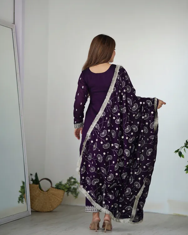 Purple_Pure_Blooming_Vichitra_Silk_Straight_Fit_Kurta_With_Dupatta_Set_&_Trousers
