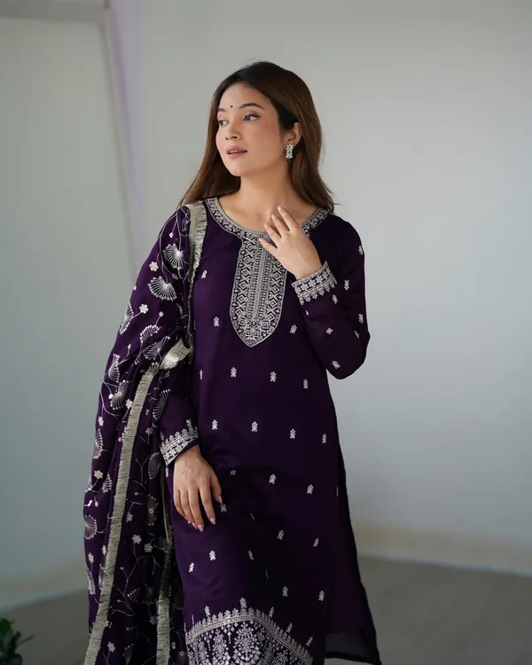 Purple_Pure_Blooming_Vichitra_Silk_Straight_Fit_Kurta_With_Dupatta_Set_&_Trousers