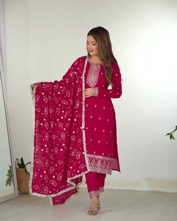Pink_Pure_Blooming_Vichitra_Silk_Straight_Fit_Kurta_With_Dupatta_Set_&_Trousers
