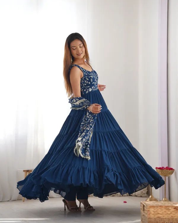 Teal_Blue_Designer_Pure_Soft_Lightweight_Chiffon_Bandhej_Fully_Flair_Gown_With_Dupatta_&_Pent
