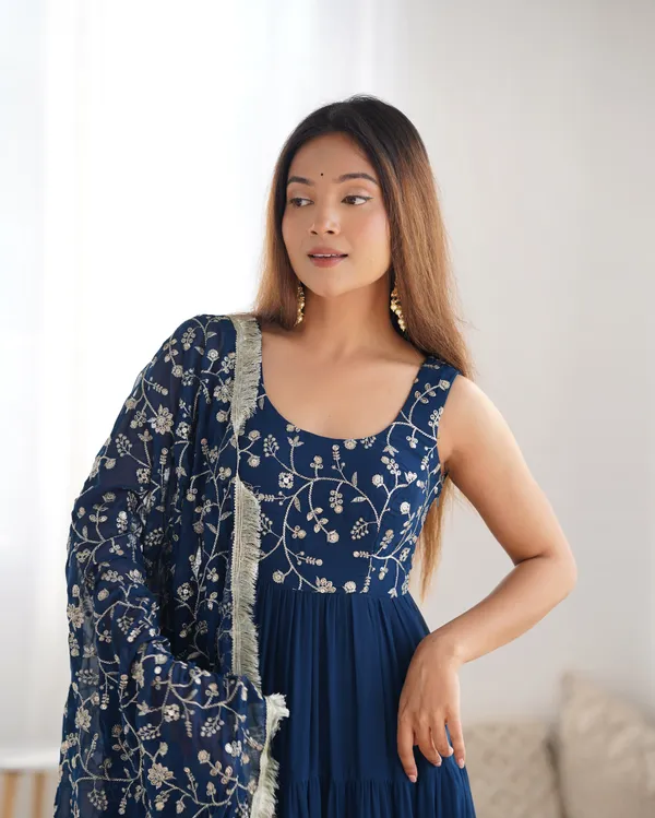 Teal_Blue_Designer_Pure_Soft_Lightweight_Chiffon_Bandhej_Fully_Flair_Gown_With_Dupatta_&_Pent