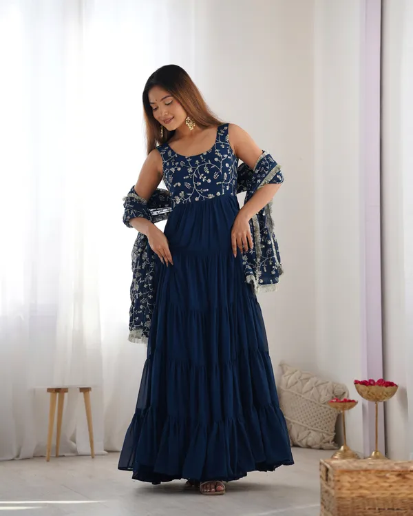 Teal_Blue_Designer_Pure_Soft_Lightweight_Chiffon_Bandhej_Fully_Flair_Gown_With_Dupatta_&_Pent