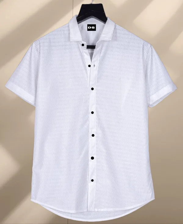White_Polycotton_Self_Design_Half_Sleeve_Shirt_For_Men