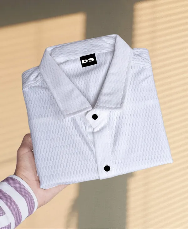 White_Polycotton_Self_Design_Half_Sleeve_Shirt_For_Men