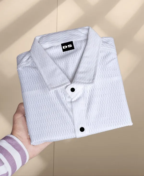 White_Polycotton_Self_Design_Half_Sleeve_Shirt_For_Men