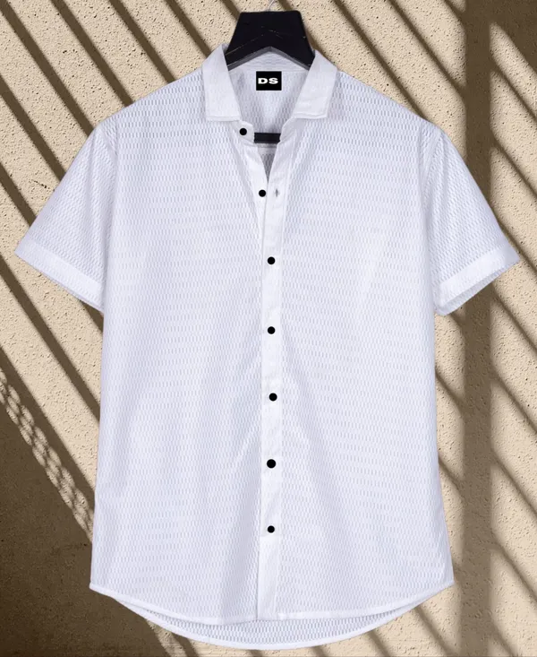White_Polycotton_Self_Design_Half_Sleeve_Shirt_For_Men