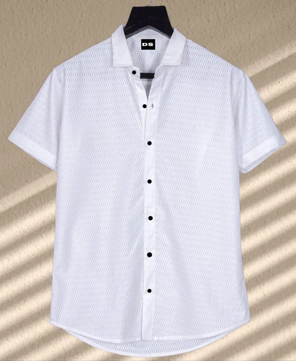 White_Polycotton_Self_Design_Half_Sleeve_Shirt_For_Men