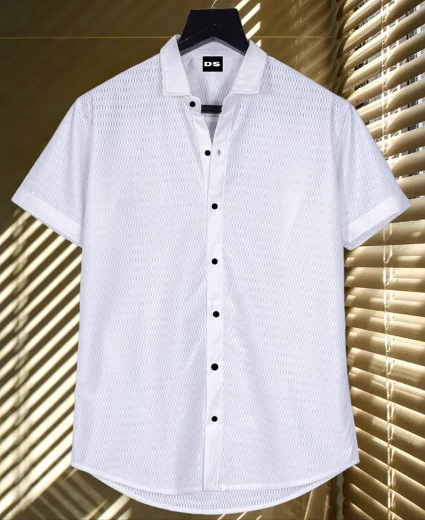 White_Polycotton_Self_Design_Half_Sleeve_Shirt_For_Men