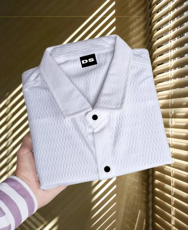 White_Polycotton_Self_Design_Half_Sleeve_Shirt_For_Men