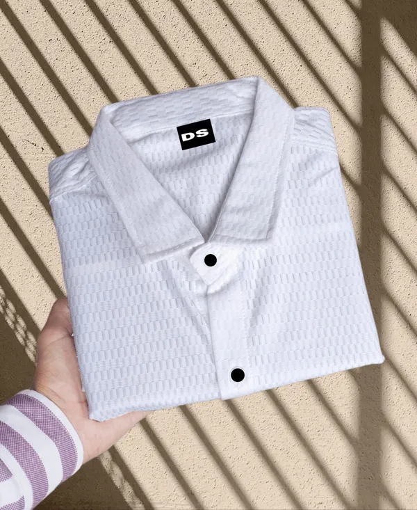 White_Polycotton_Self_Design_Half_Sleeve_Shirt_For_Men