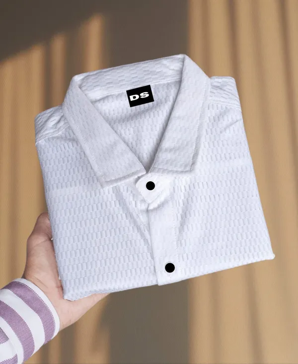 White_Polycotton_Self_Design_Half_Sleeve_Shirt_For_Men