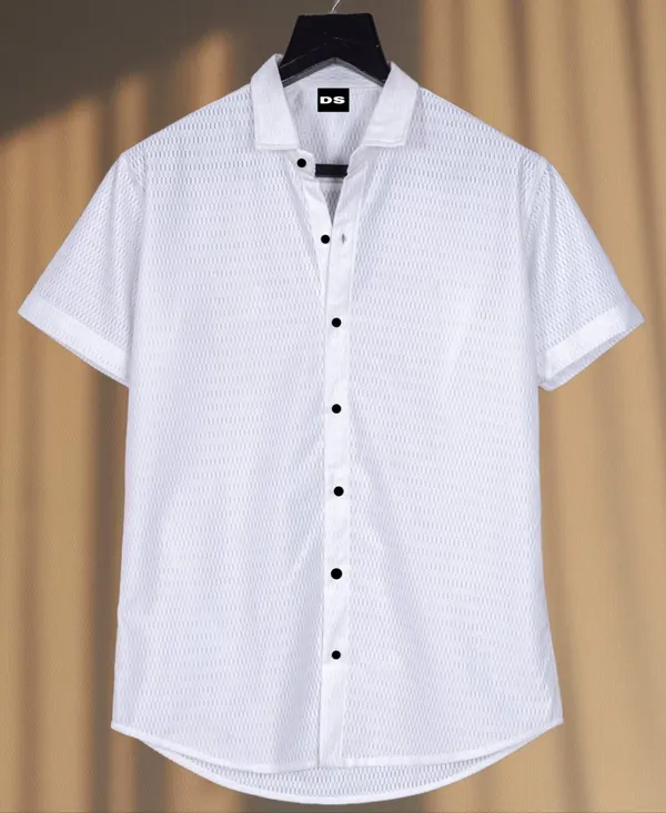 White_Polycotton_Self_Design_Half_Sleeve_Shirt_For_Men