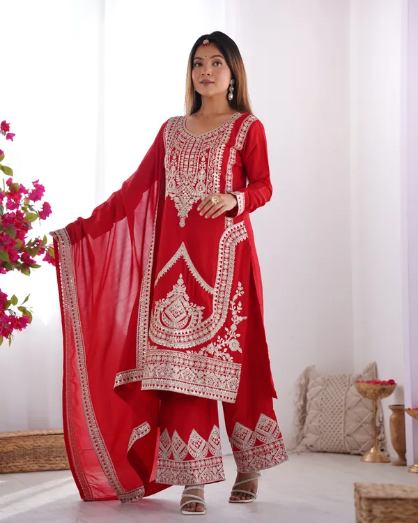 Red_Pure_Vichitra_Silk_Straight_Fit_Kurta_With_Dupatta_Set_&_Trousers