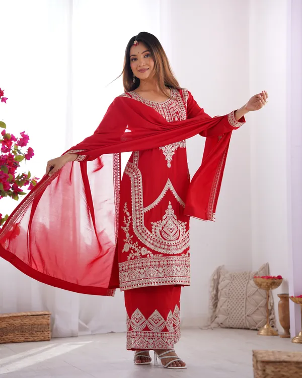 Red_Pure_Vichitra_Silk_Straight_Fit_Kurta_With_Dupatta_Set_&_Trousers