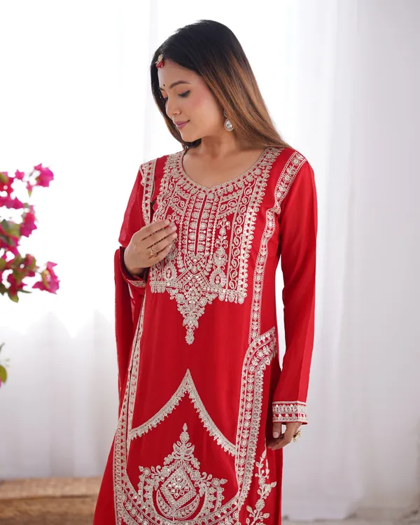 Red_Pure_Vichitra_Silk_Straight_Fit_Kurta_With_Dupatta_Set_&_Trousers