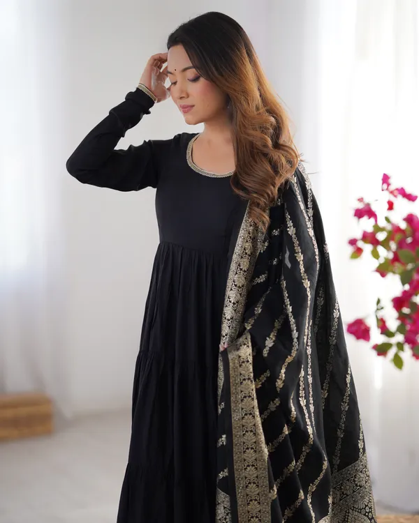 Black_Pure_Soft_Roman_Silk_Chanderi_Discharge_Print_Kedia_Style_Kurta_With_Dupatta_&_Palazzo