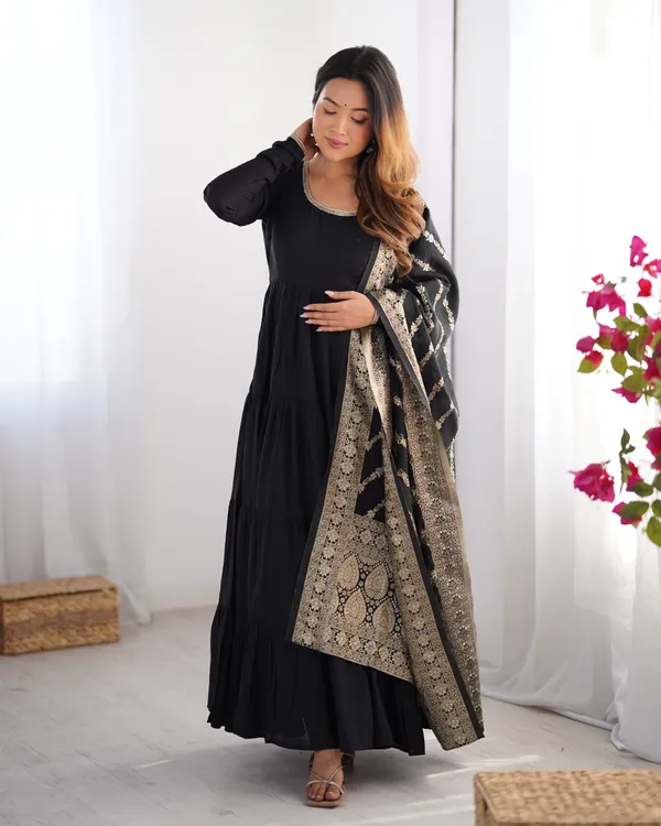 Black_Pure_Soft_Roman_Silk_Chanderi_Discharge_Print_Kedia_Style_Kurta_With_Dupatta_&_Palazzo