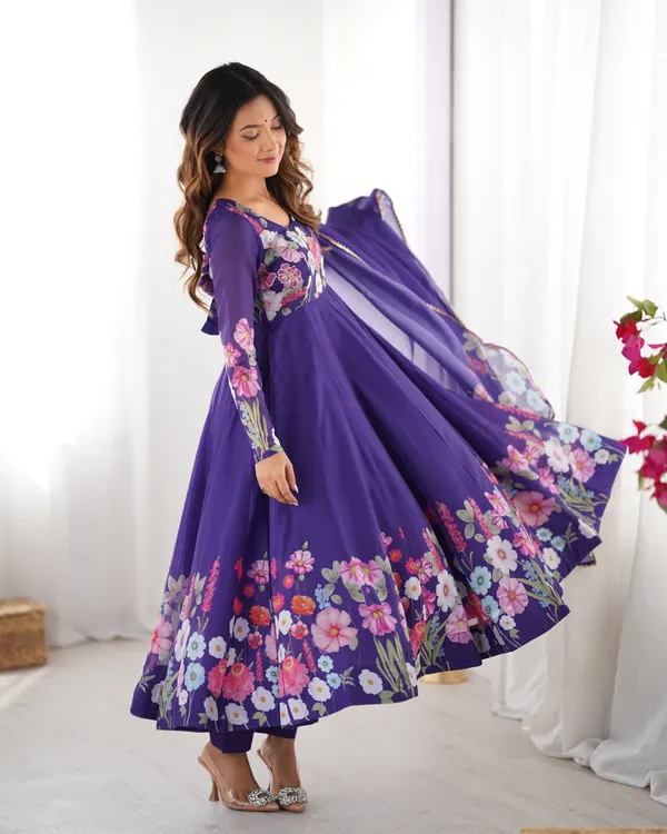 Purple_Real_Modeling_Pure_Soft_Organza_Silk_Fully_Flair_Kali_Pattern_Anarkali_With_Dupatta_Set_&_Pent