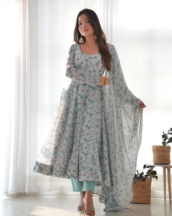 Sky_Pure_Orange_Chiffon_Floral_Print_Fully_Flair_Anarkali_With_Dupatta_Set_&_Pent