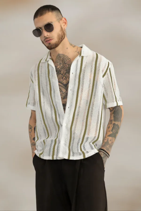 Light_Green_Net/Lace_Self_Design_Half_Sleeve_Shirt_For_Men
