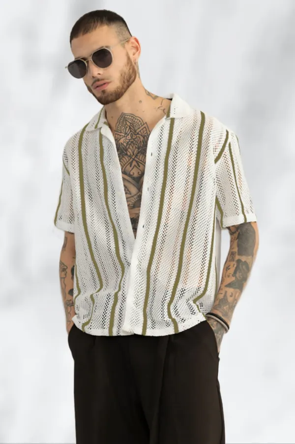 Light_Green_Net/Lace_Self_Design_Half_Sleeve_Shirt_For_Men