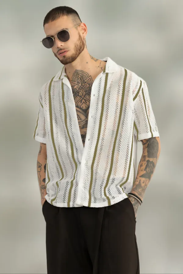 Light_Green_Net/Lace_Self_Design_Half_Sleeve_Shirt_For_Men