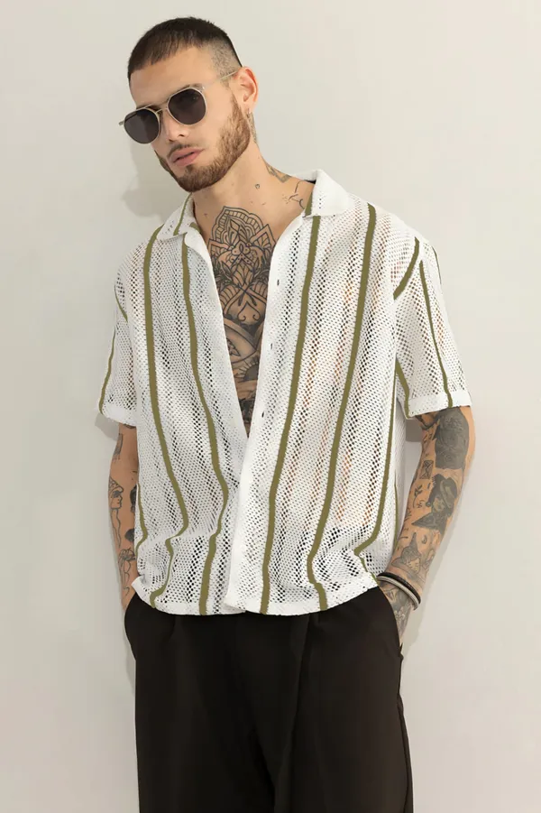 Light_Green_Net/Lace_Self_Design_Half_Sleeve_Shirt_For_Men