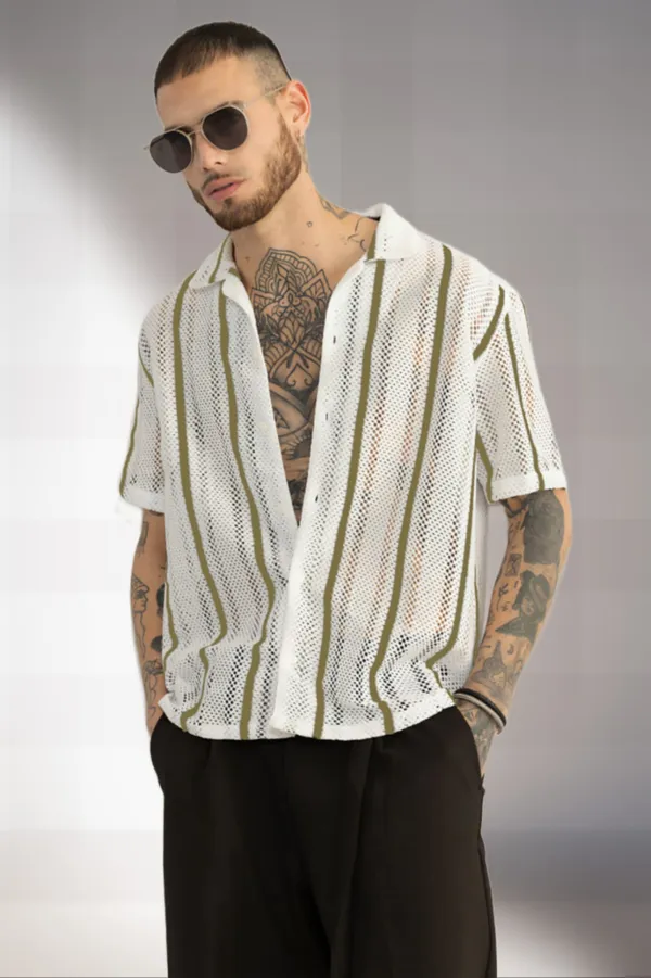 Light_Green_Net/Lace_Self_Design_Half_Sleeve_Shirt_For_Men
