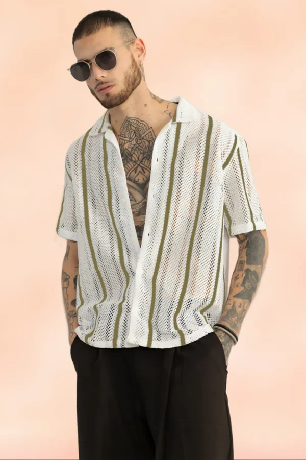 Light_Green_Net/Lace_Self_Design_Half_Sleeve_Shirt_For_Men