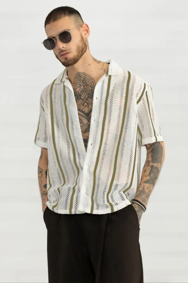 Light_Green_Net/Lace_Self_Design_Half_Sleeve_Shirt_For_Men