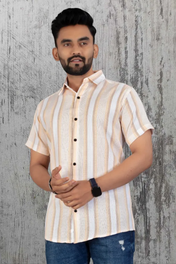 Orange_Cotton_Blend_Striped_Half_Sleeve_Shirt_For_Men